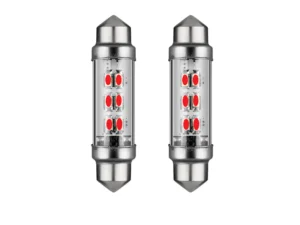 Soffitte LED Röhrenlampe 24 Volt ROT – LED Innenlampe, die in eine Röhrenlampenfassung passt – kann in LKW, Anhänger und Wohnmobil montiert werden, wenn sie an 24 Volt angeschlossen ist – LED Lampe ist mit 6 LED-Punkten ausgestattet – EAN: 7448152998937